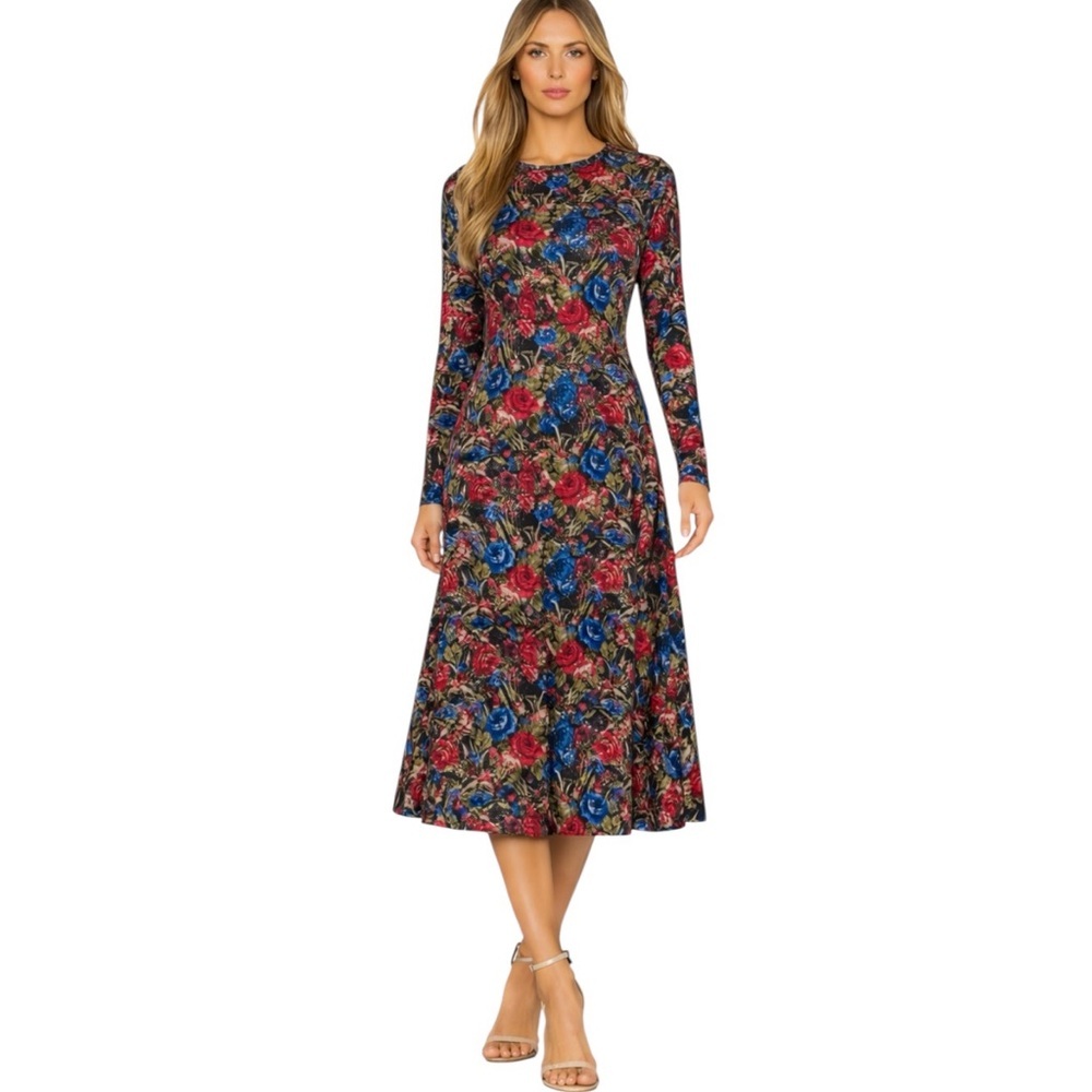NWT OLIVIA by Livro Phoebe Jersey Knit Midi Dress Black Pink Blue Floral Size M